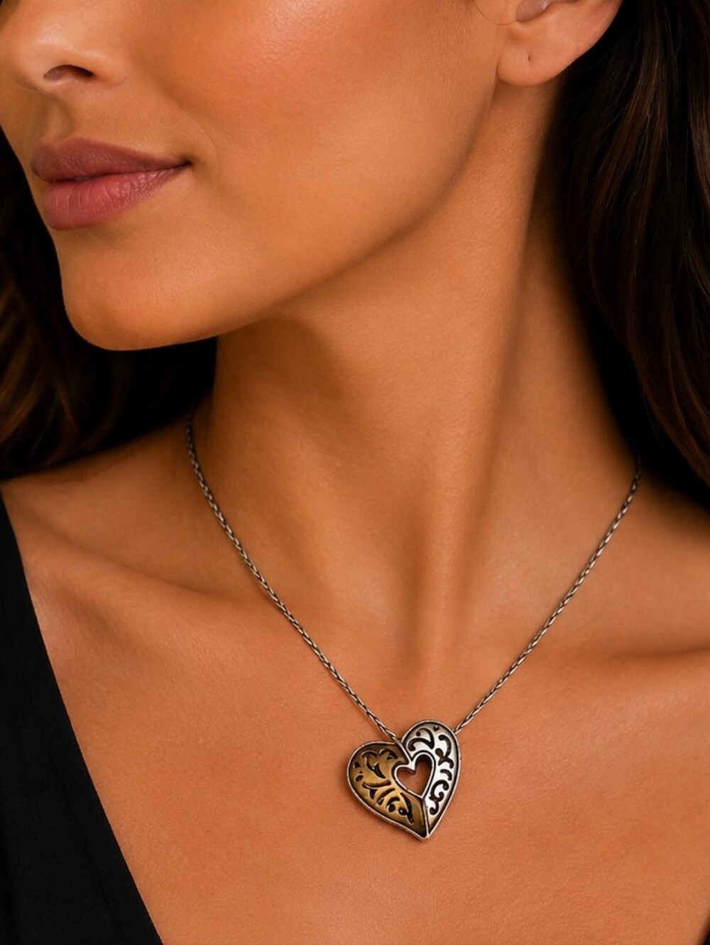 BRIGHTON Two-tone Filigree Winslow Heart Pendant Chain Necklace